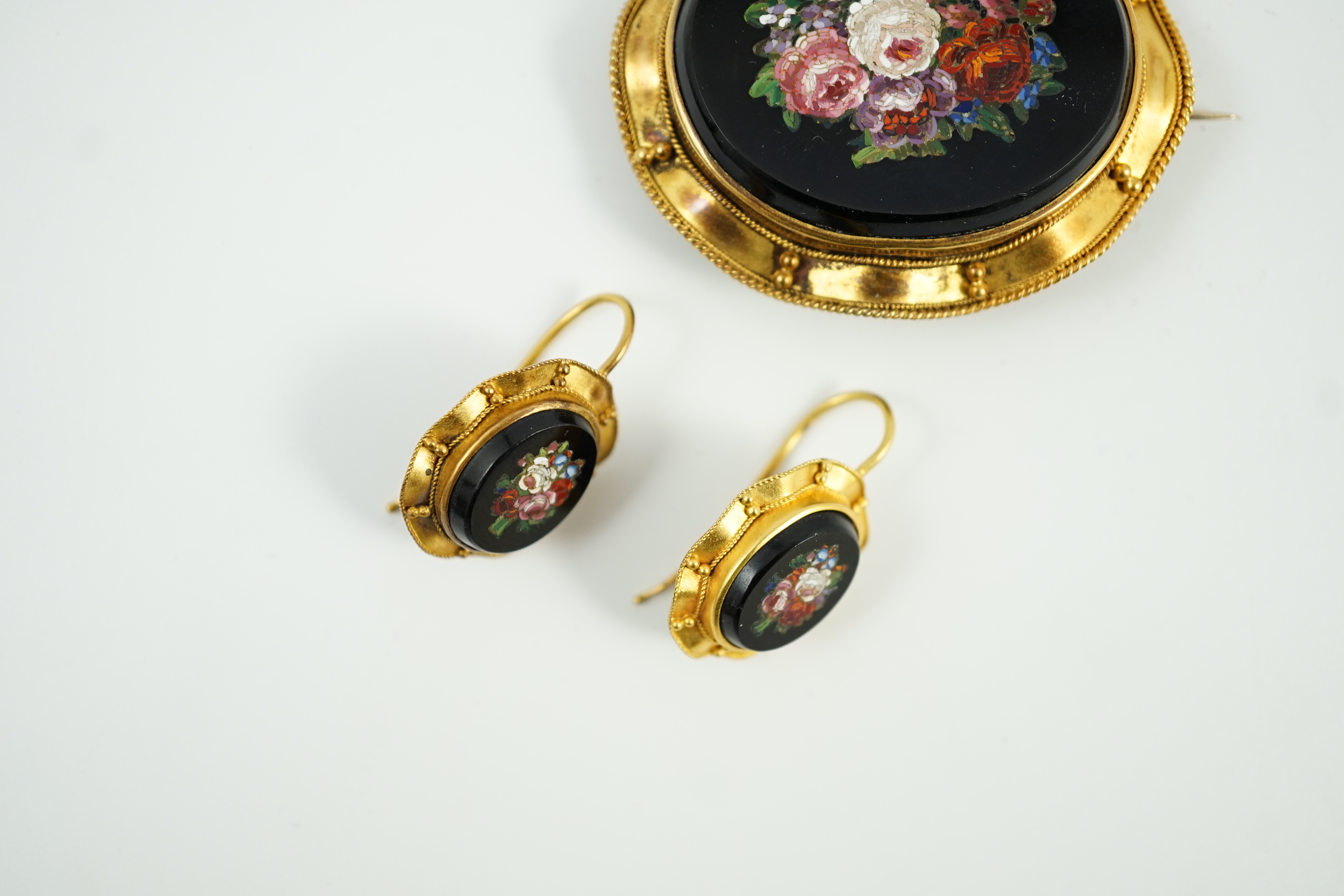 A Victorian gold mounted micro mosaic black onyx demi-parure